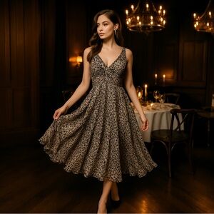 Tadashi Collection Silk Leopard Print Midi Dress Ruched V-Neck Size 14